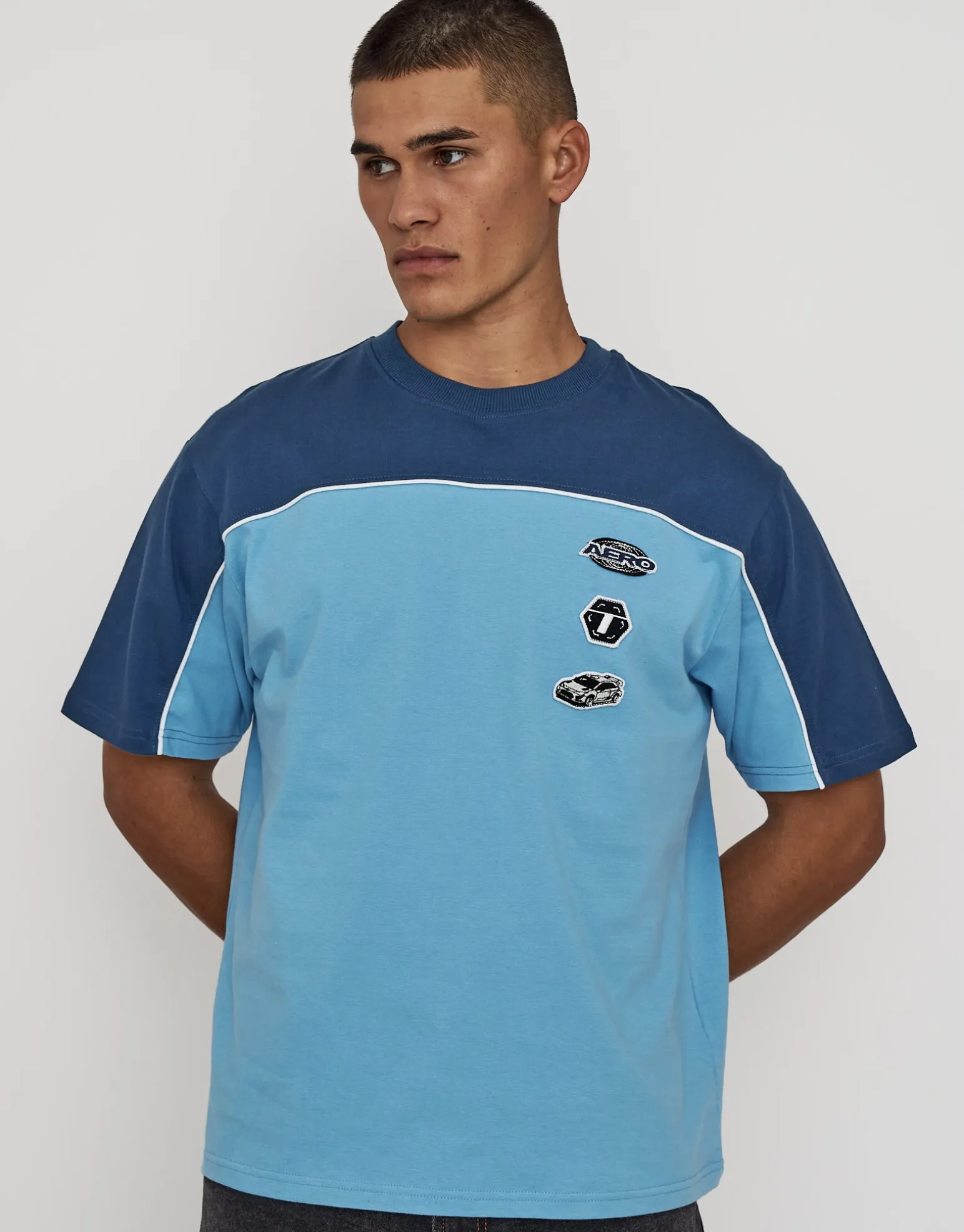 Aero Piped Relaxed Fit T Shirt in Ice Blue