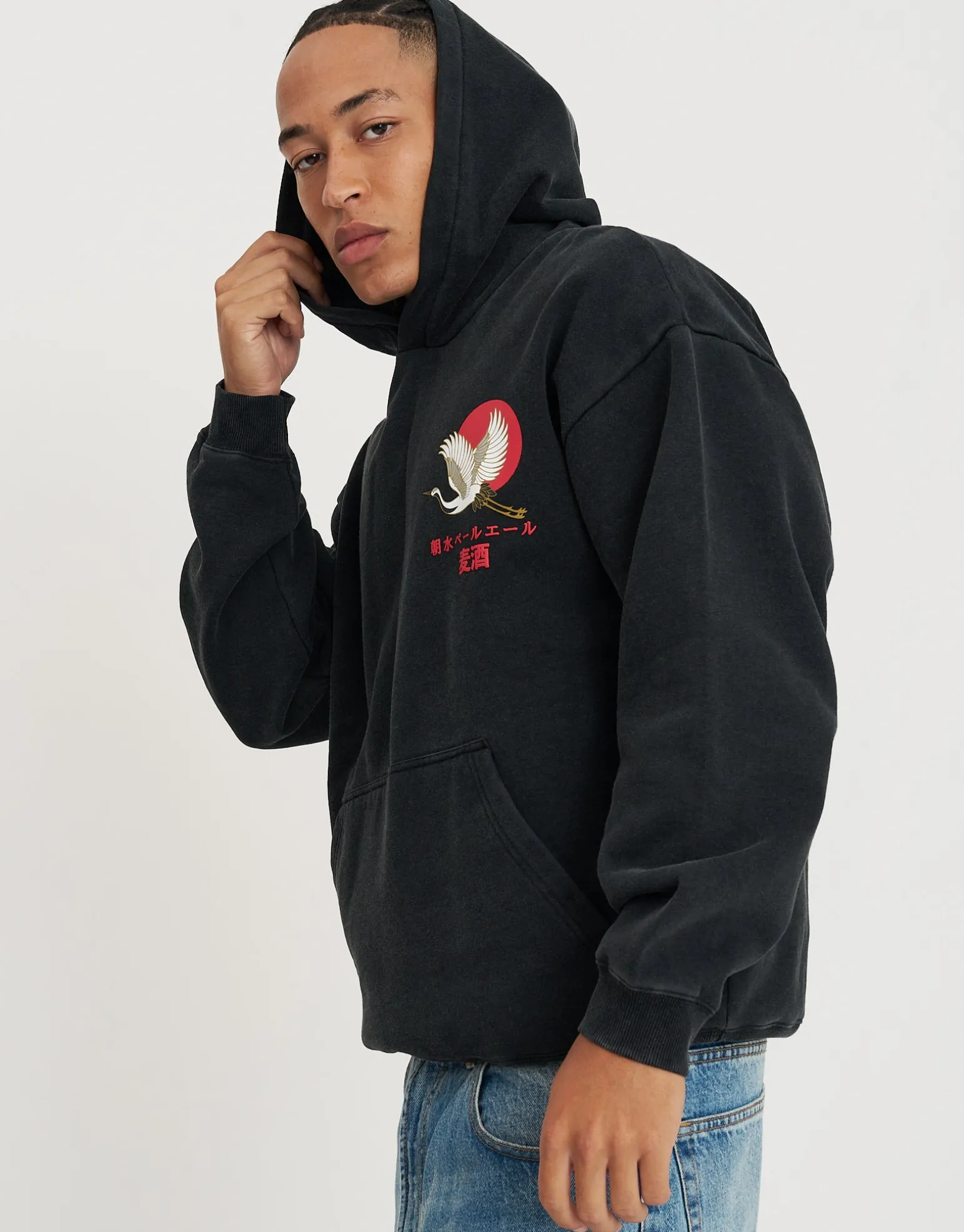 Asamizu Crane Oversized Hoodie in Washed Black