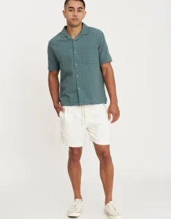 Bedford Linen Relaxed Fit Short Sleeve Shirt in Dusty Blue