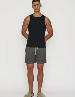 Contrast Stitch Swim Shorts in Khaki