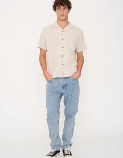 Crinkled Texture Short Sleeve Shirt in Beige