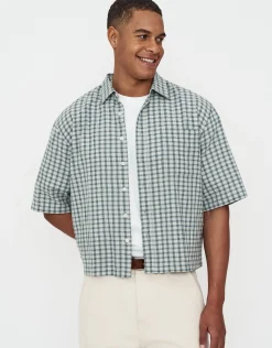 Cropped Check Short Sleeve Shirt in Light Green