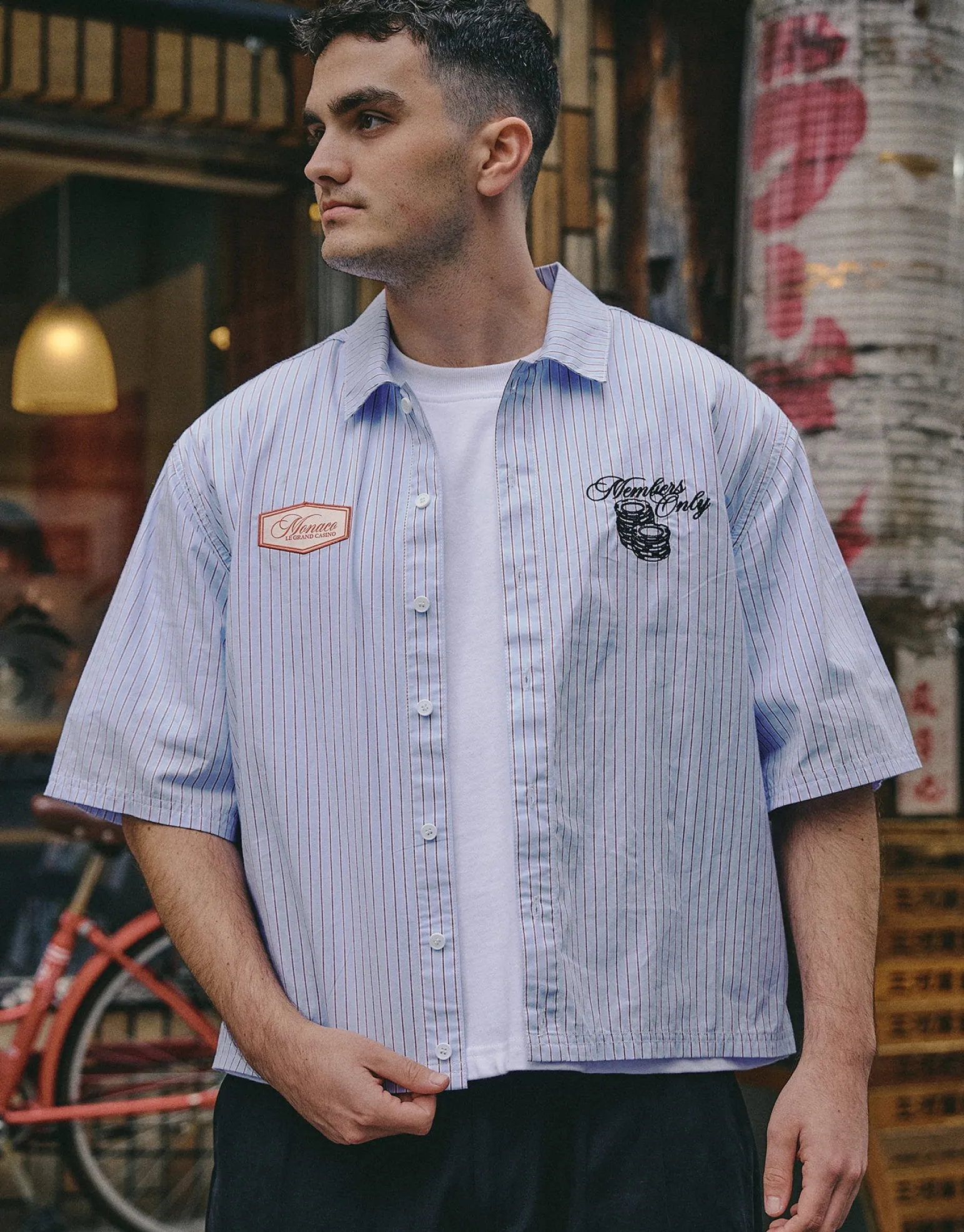 Cropped Members Only Striped Short Sleeve Shirt in Blue/white
