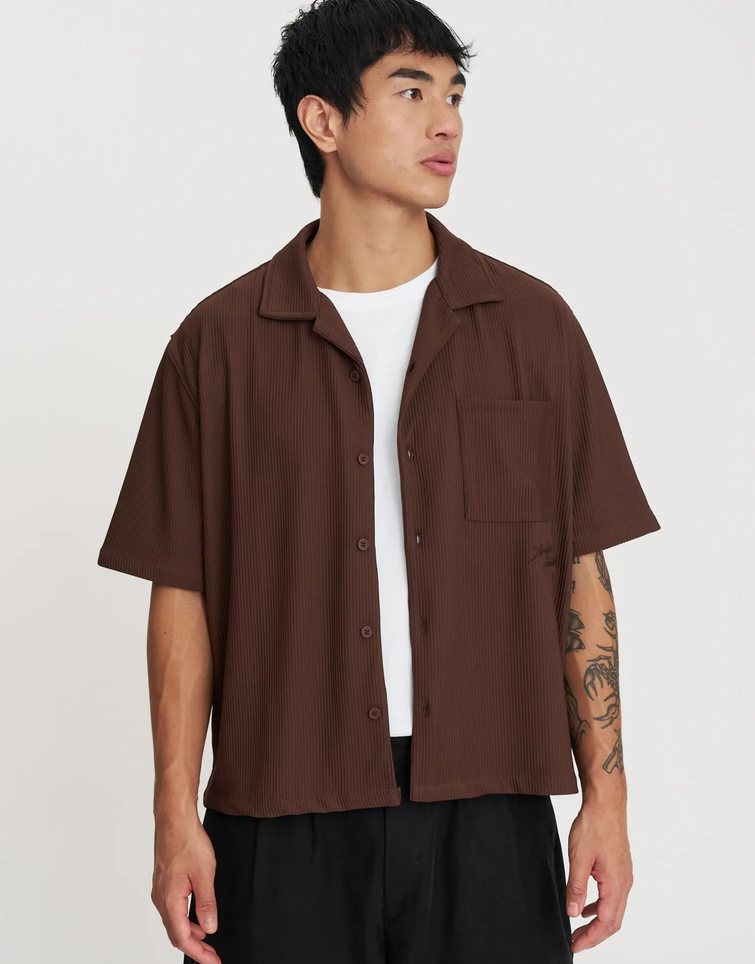 Cropped Plisse Embroidered Short Sleeve Shirt in Off White
