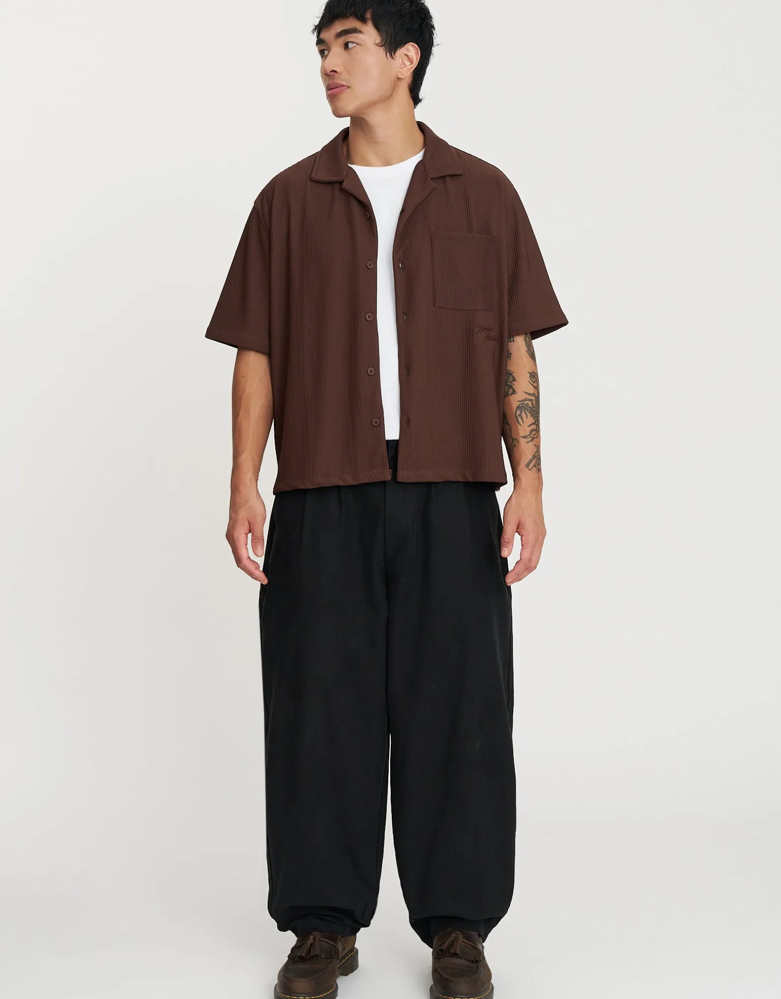 Cropped Plisse Embroidered Short Sleeve Shirt in Off White