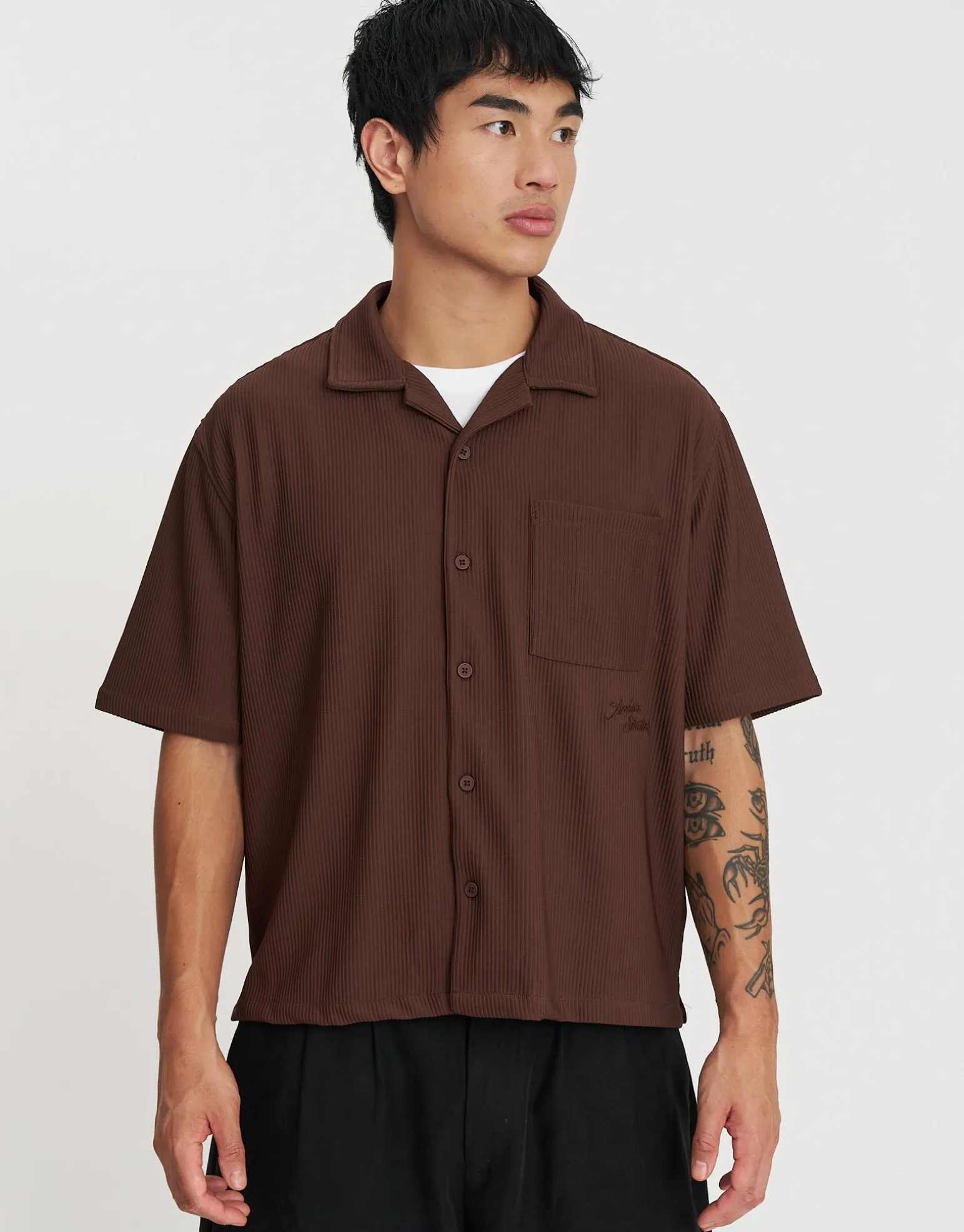 Cropped Plisse Embroidered Short Sleeve Shirt in Off White