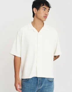 Cropped Plisse Embroidered Short Sleeve Shirt in Off White
