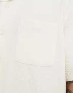 Cropped Plisse Embroidered Short Sleeve Shirt in Off White