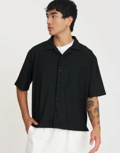 Cropped Plisse Embroidered Short Sleeve Shirt in Bitter Brown