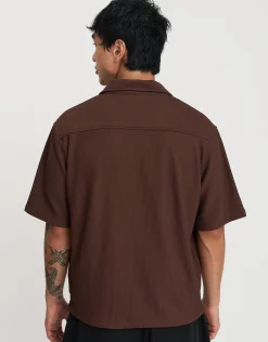 Cropped Plisse Embroidered Short Sleeve Shirt in Bitter Brown