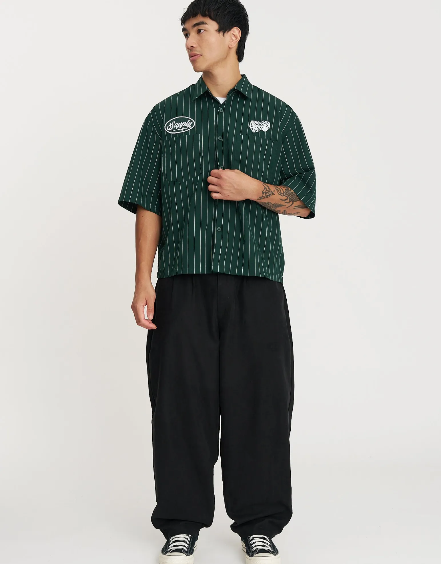 Dice Supply Cropped Short Sleeve Shirt in Deep Forest Green