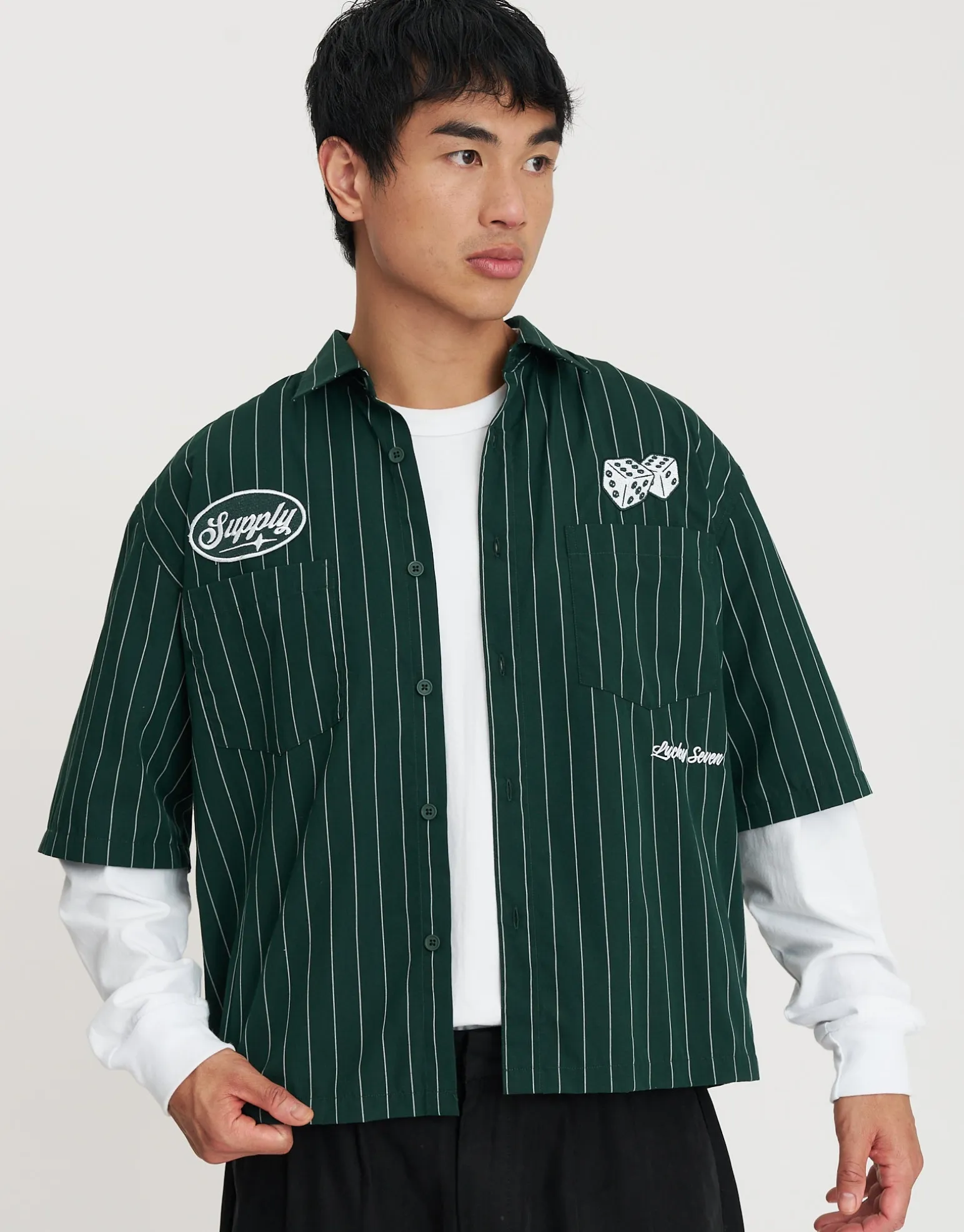 Dice Supply Cropped Short Sleeve Shirt in Deep Forest Green
