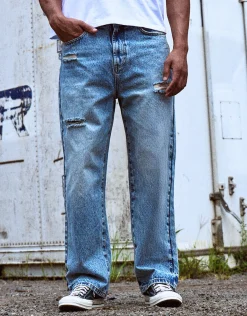 Distressed Baggy Fit Jeans in Acid Wash Blue