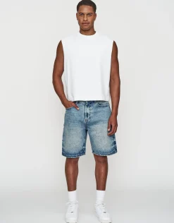 Distressed Relaxed Fit Denim Shorts in Acid Wash Blue