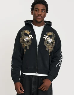 Eternal Dragon Zip Up Hoodie in Black
