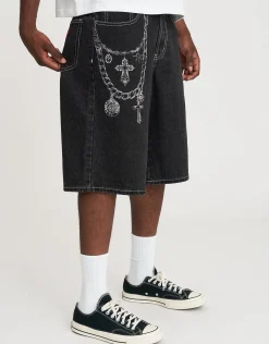 Eternity Wings Baggy Fit Jorts in Washed Black