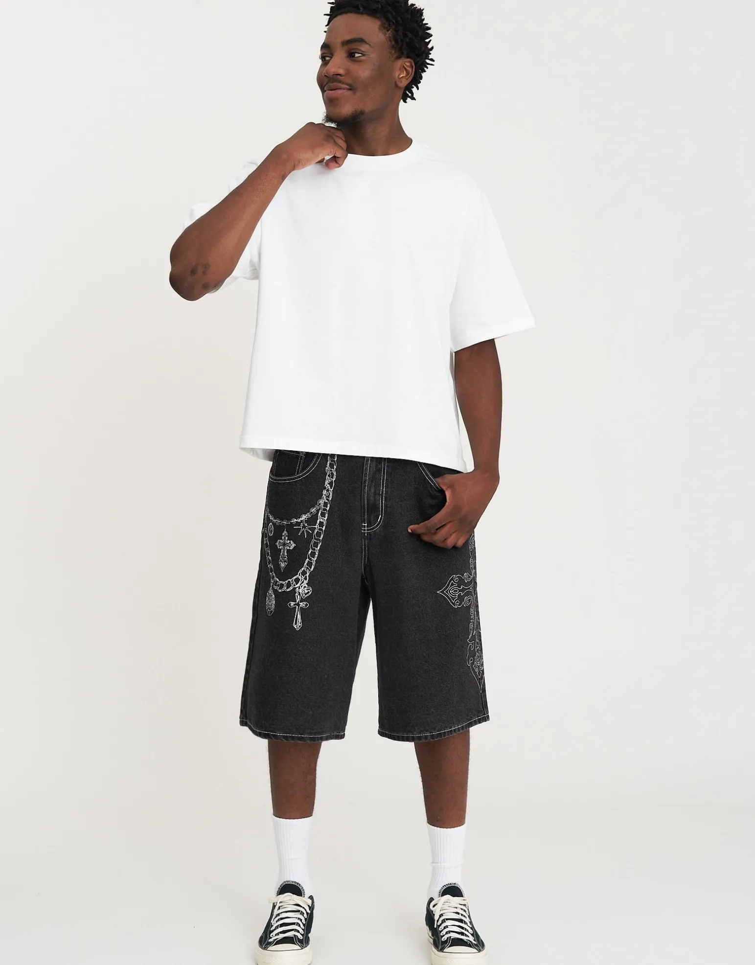 Eternity Wings Baggy Fit Jorts in Washed Black