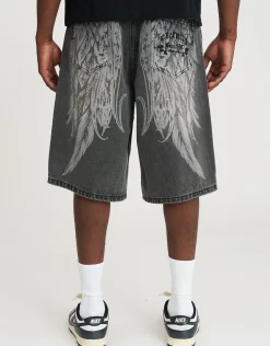 Eternity Wings Baggy Fit Jorts in Washed Black