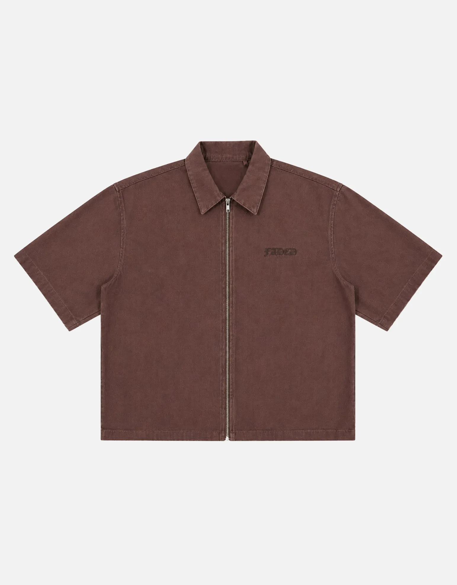 Faded Zip Up Short Sleeve Shirt in Bitter Brown
