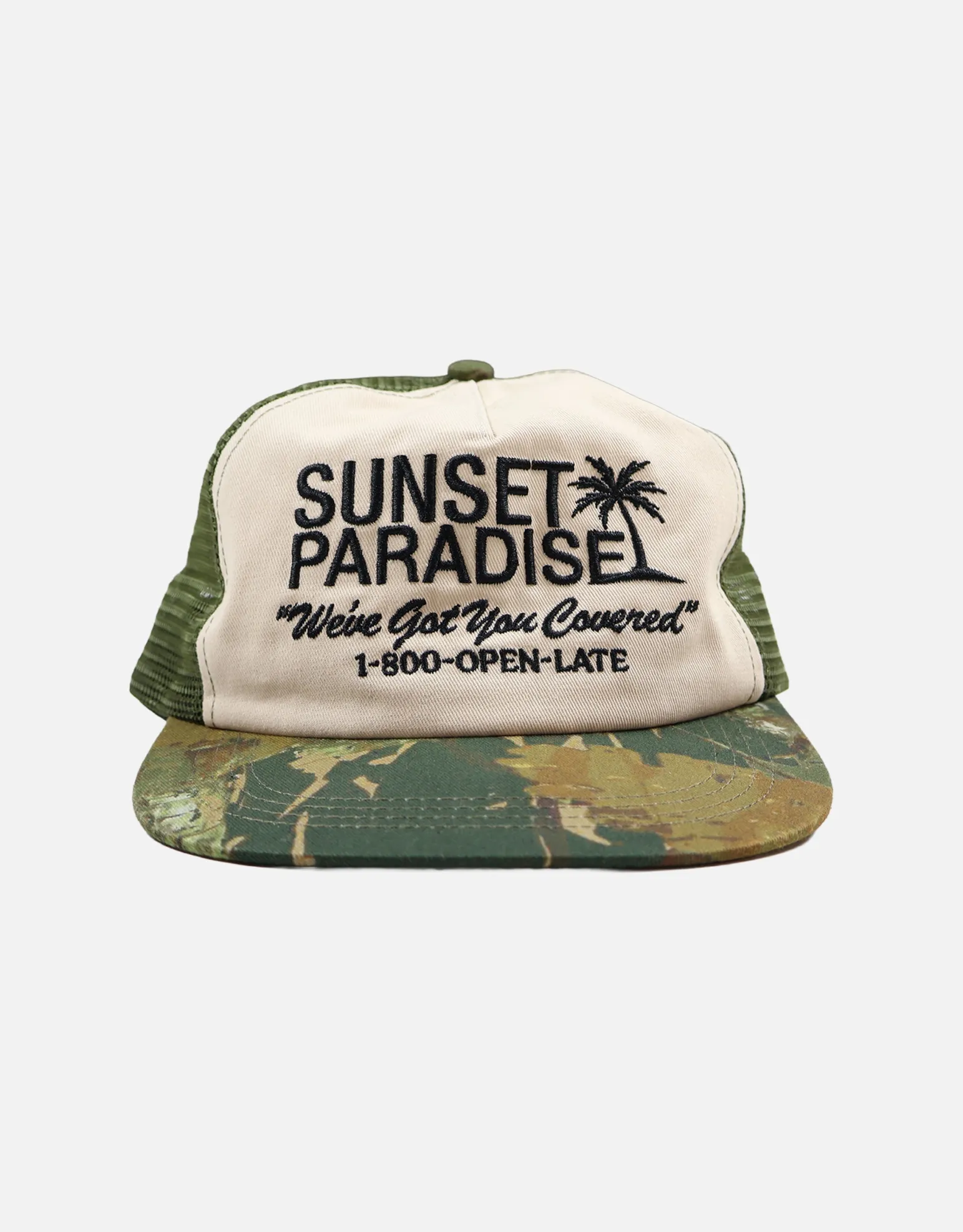 Good Vibes Trucker Hat in Camo/off White