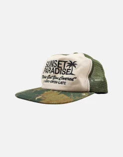 Good Vibes Trucker Hat in Camo/off White