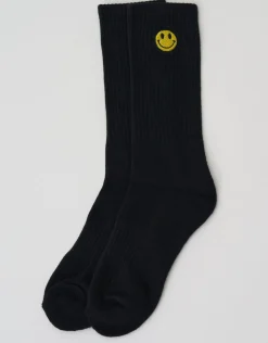 Happy Embroidered Sport Socks in Black