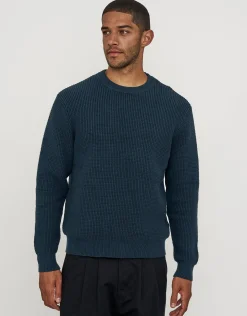 Heavyweight Waffle Crew Knit Jumper in Petrol