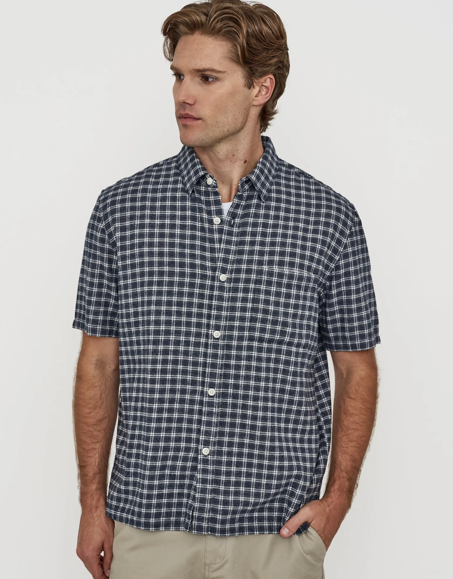 Herd Check Short Sleeve Shirt in Navy