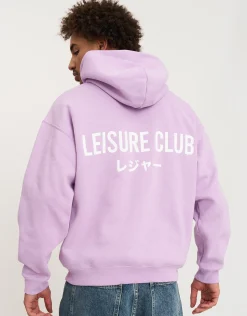 Leisure Club Print Oversized Hoodie in Neon Lilac