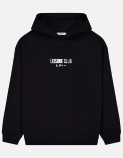 Leisure Club Print Oversized Hoodie in Washed Black