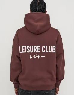 Leisure Club Print Oversized Hoodie in Bitter Brown