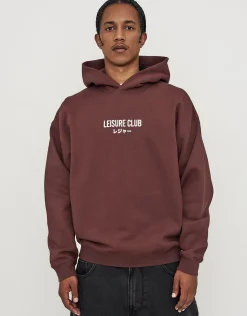 Leisure Club Print Oversized Hoodie in Dark Ecru