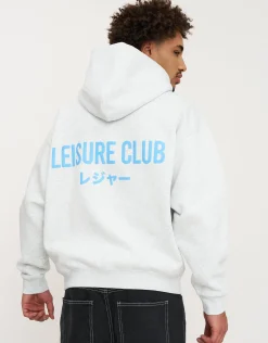 Leisure Club Print Oversized Hoodie in Dark Ecru