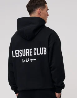 Leisure Club Print Oversized Hoodie in Dark Ecru