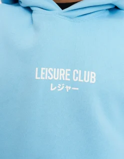 Leisure Club Puff Print Oversized Hoodie in Heritage Blue