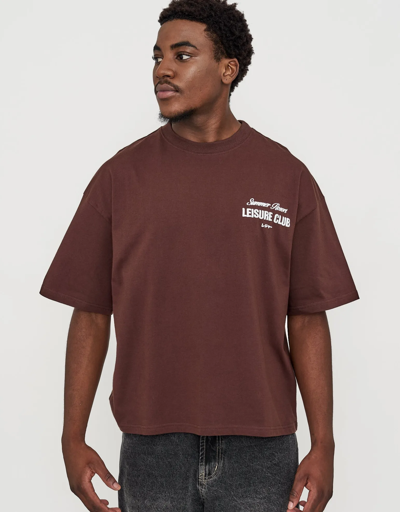 Leisure Summer Cropped Box Fit T Shirt in Bitter Brown