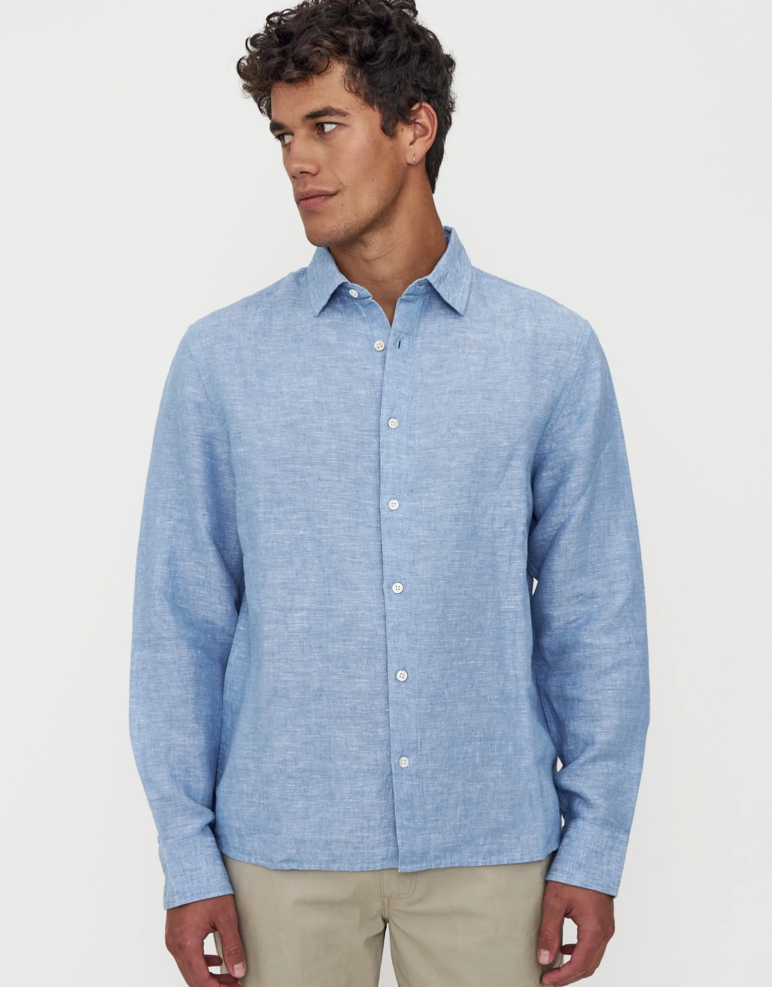 Linen Blend Long Sleeve Shirt in White