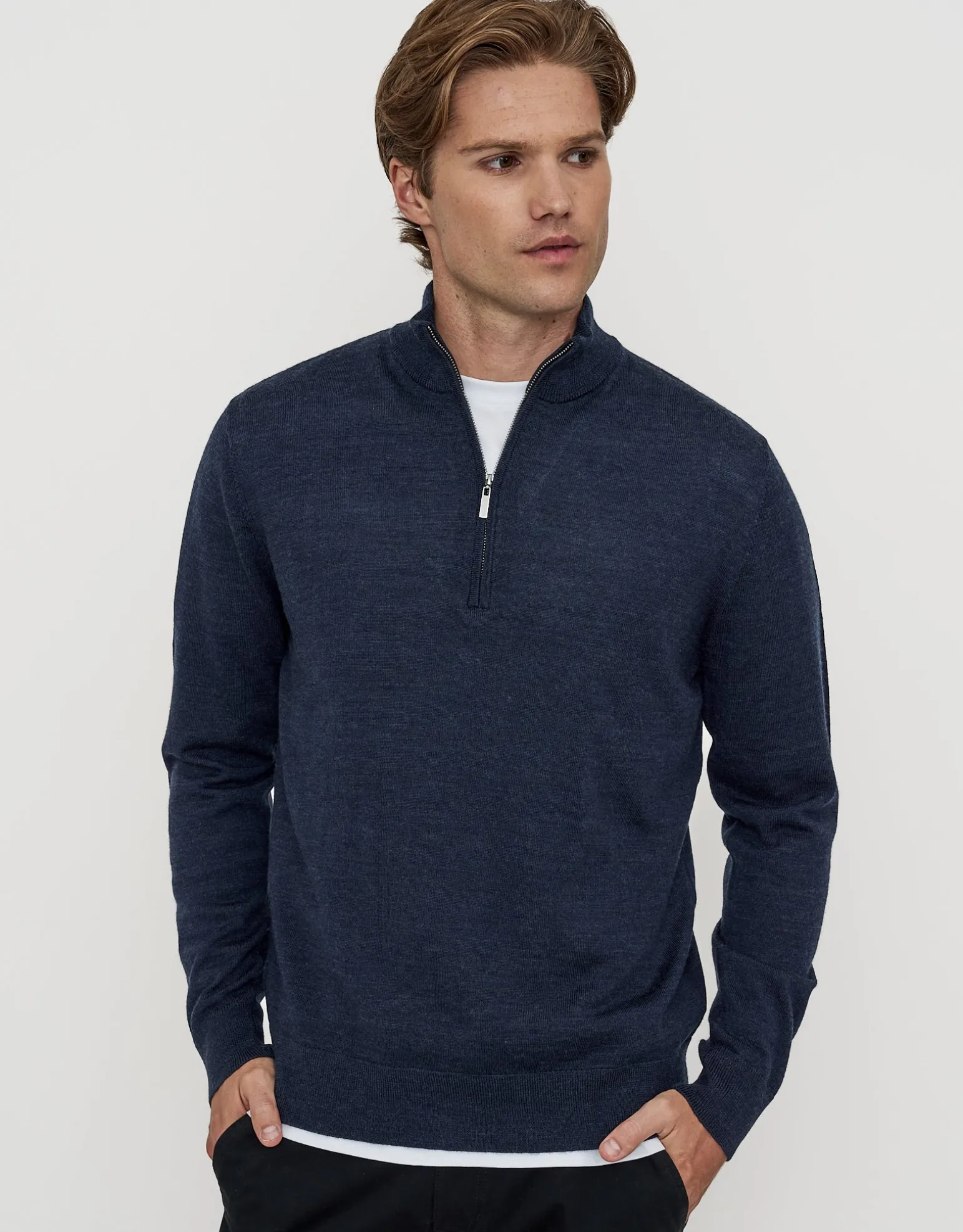 100% Merino Quarter Zip Knit Jumper in Navy Marle