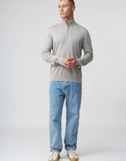 100% Merino Quarter Zip Knit Jumper in Navy Marle