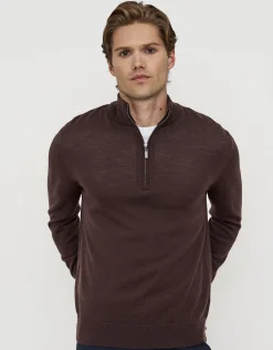 100% Merino Quarter Zip Knit Jumper in Olive