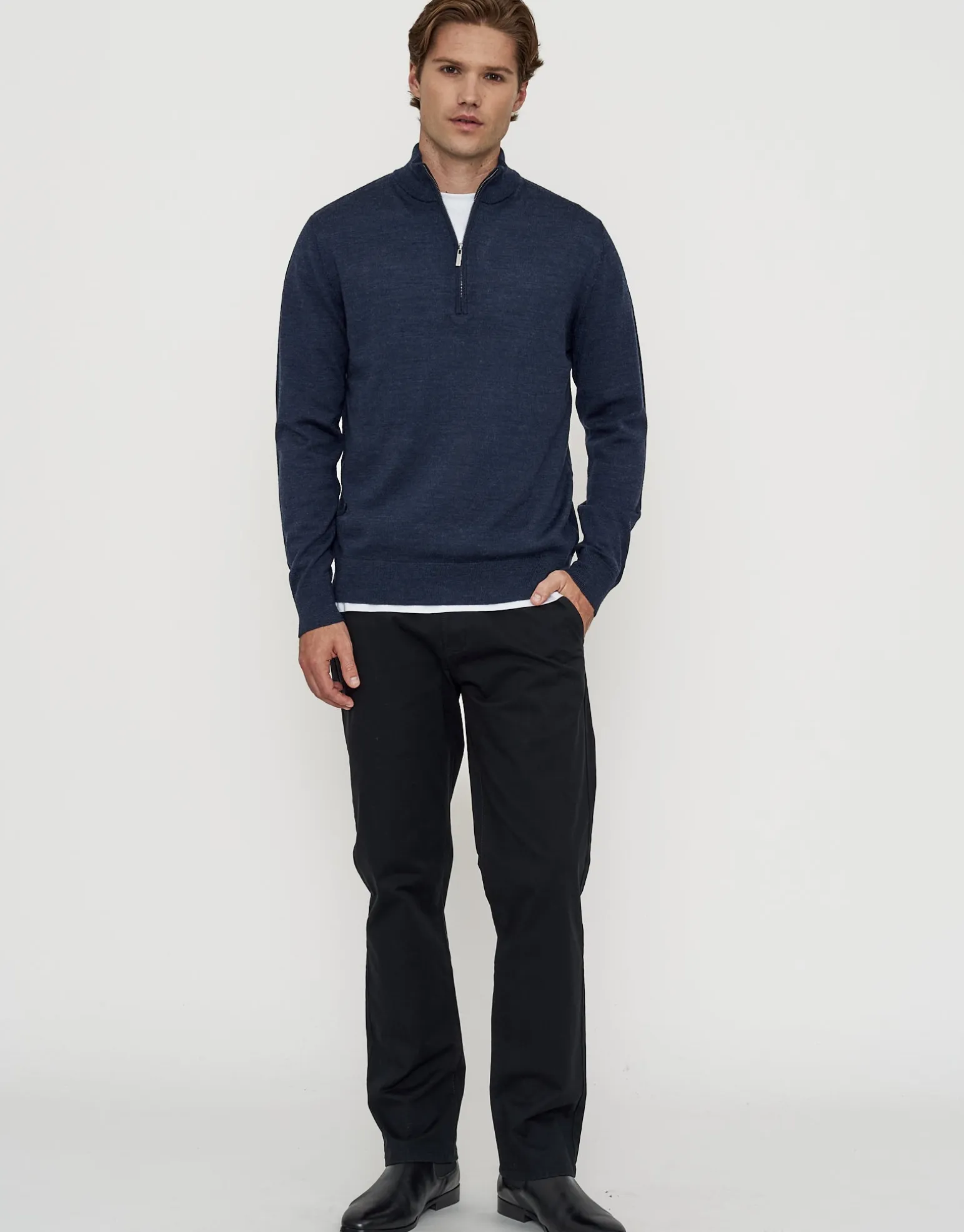 100% Merino Quarter Zip Knit Jumper in Petrol