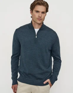 100% Merino Quarter Zip Knit Jumper in Petrol
