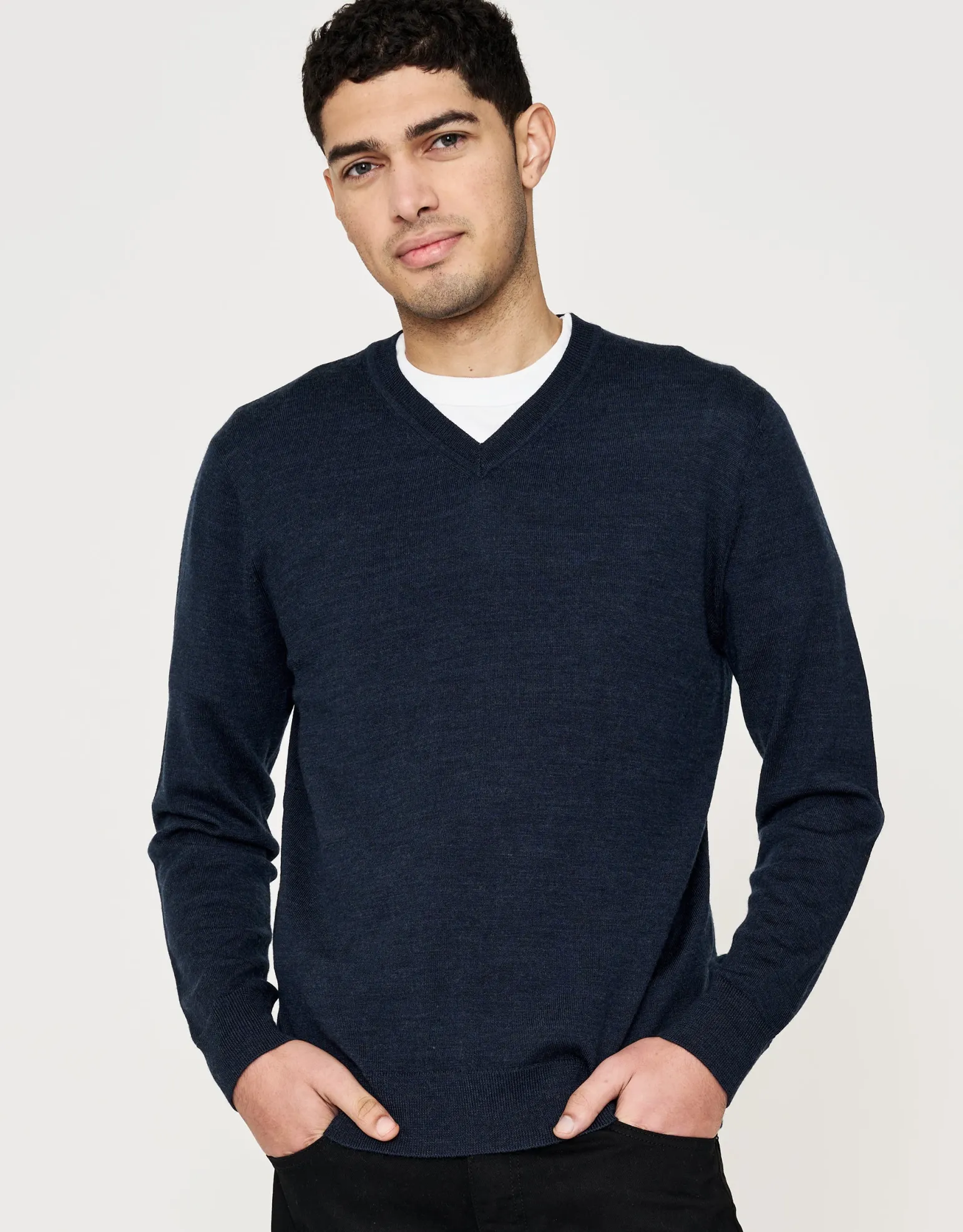 100% Merino V Neck Knit Jumper in Navy Marle