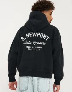 Newport Zip Up Hoodie in Washed Black