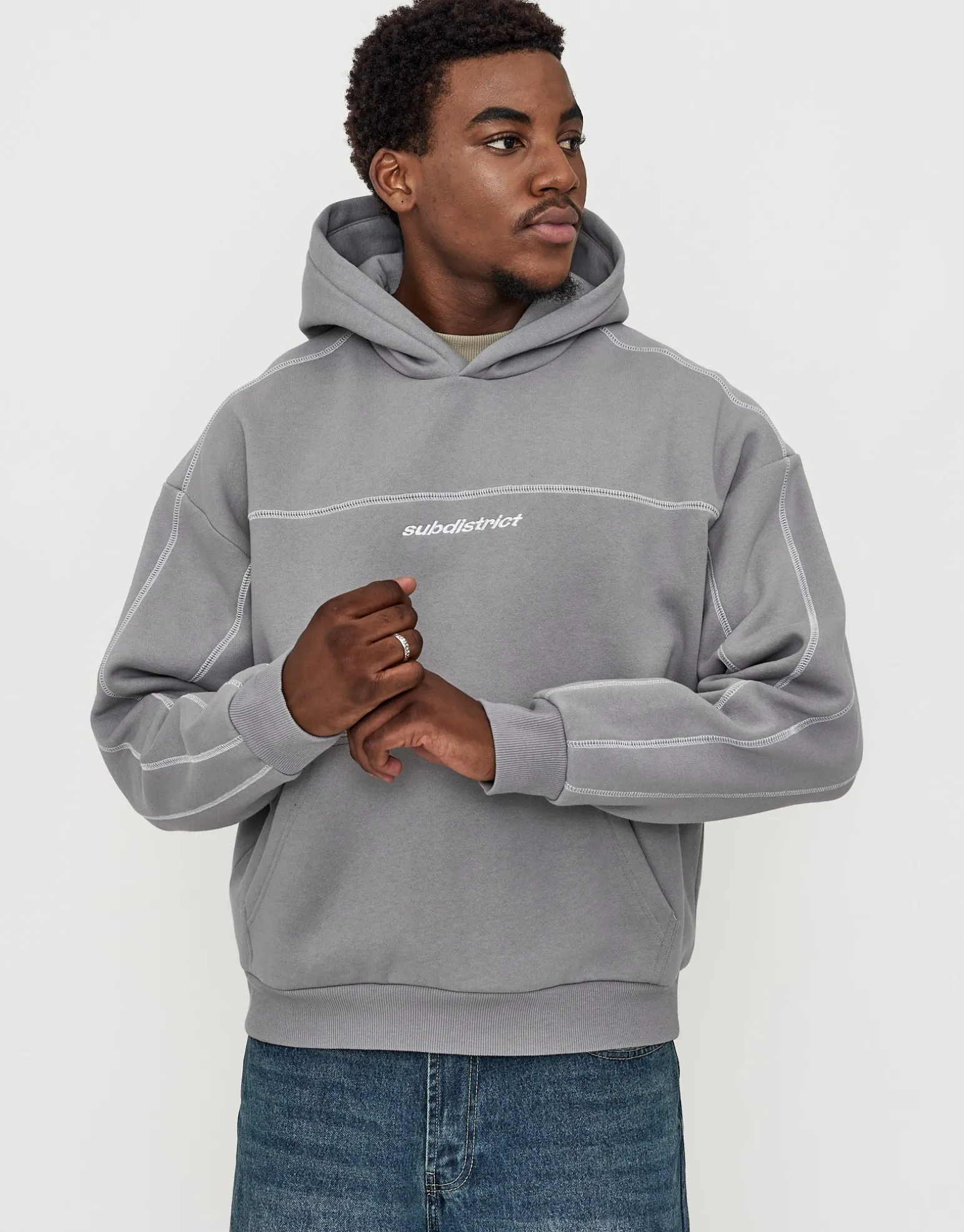 Overlock Oversized Cropped Hoodie in Alloy Grey