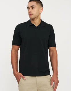 Pique Johnny Collar Short Sleeve Polo in Black