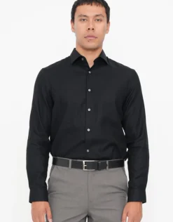 Plain Twill Long Sleeve Dress Shirt in Black