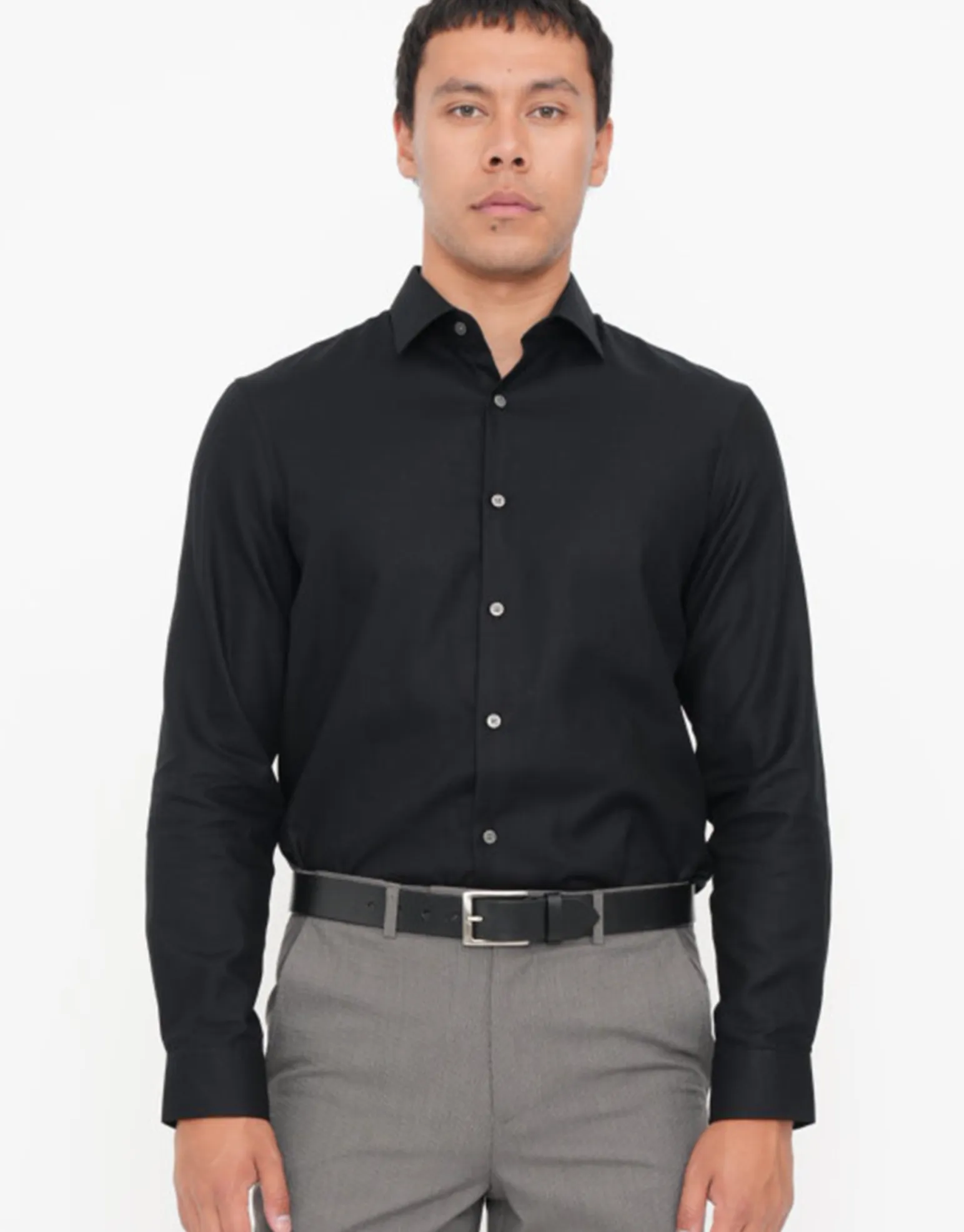 Plain Twill Long Sleeve Dress Shirt in Black