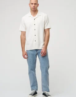 Plisse Pleated Relaxed Short Sleeve Shirt in Off White