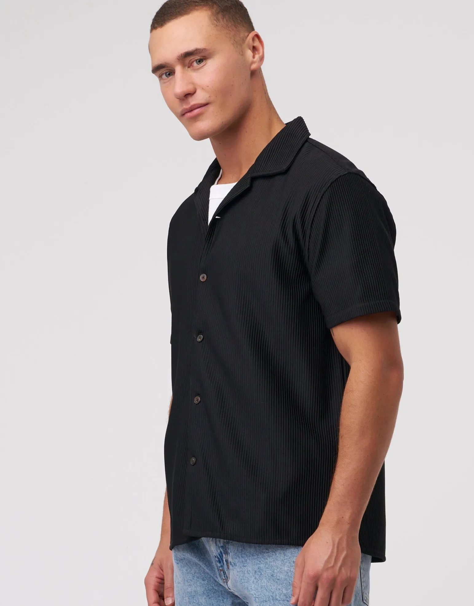 Plisse Pleated Relaxed Short Sleeve Shirt in Off White
